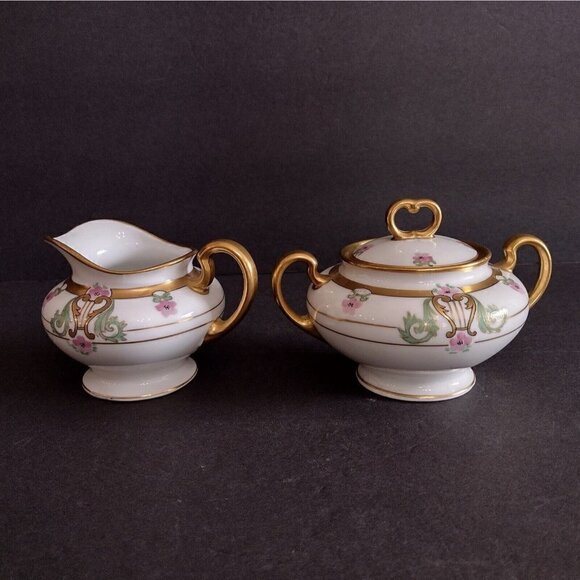 W A Pickard Handpainted China Art Nouveau Style Pink Floral Gold Sugar Creamer - Picture 3 of 10